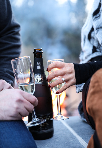 Engagement photography, a closeup shot of two hands holding champagne flutes. The woman wears a diamond ring. 