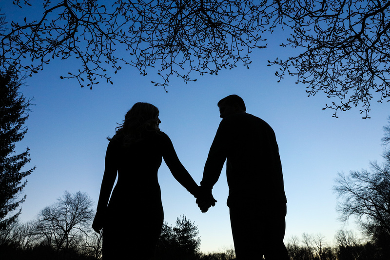 Engagement photography, a silhouette image of a couple holding hands in front of a blue sky. 