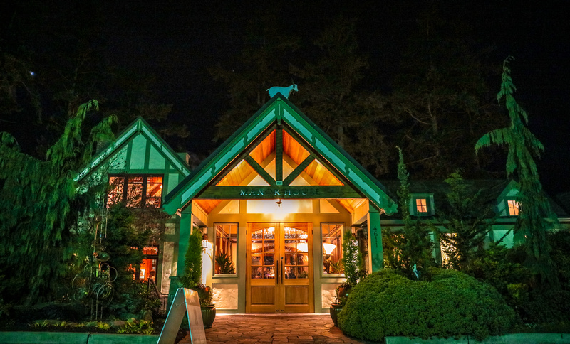 Wedding photography, a restaurant in the forest glows with green lighting. 