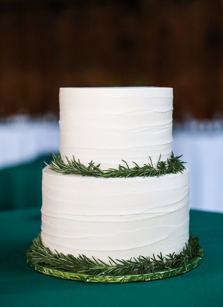Wedding photography, a simple white wedding cake with pine needles at the base. 