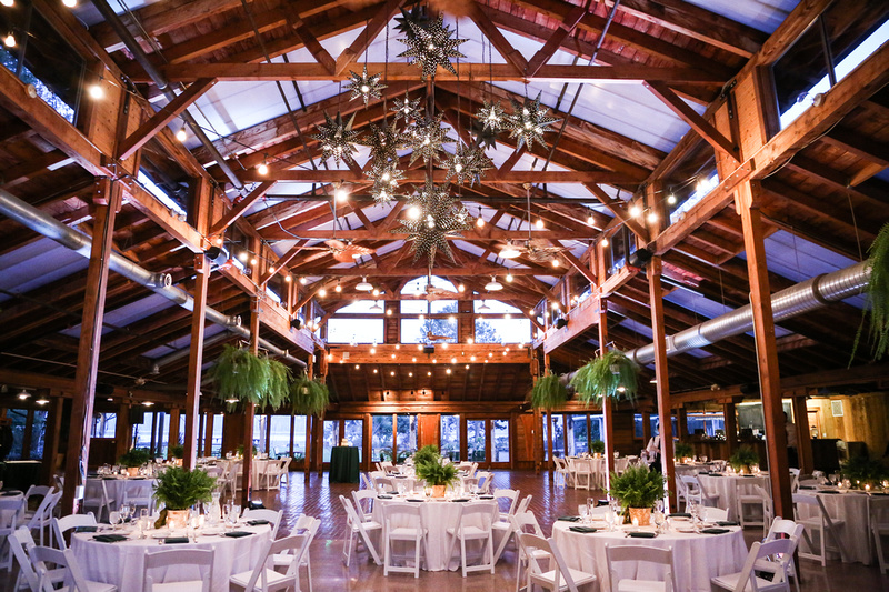 Wedding photography, an elegant log cabin lodge with green ferns and white tables for a party. 