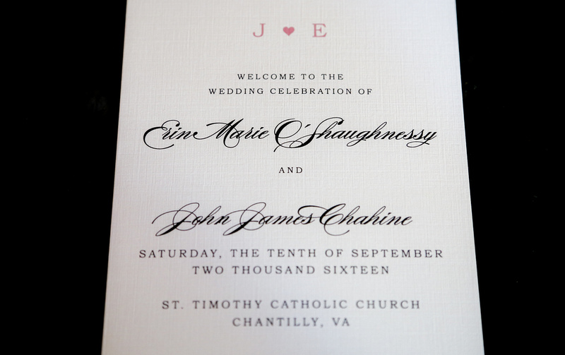 Wedding photography, a white and pink invitation for the wedding ceremony of Erin and John James. 