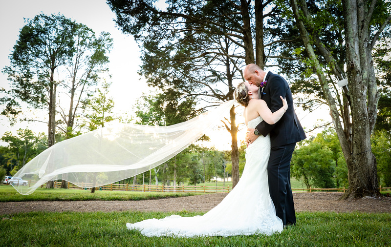 Wedding photography, a bride and groom share a romantic kiss. The bride's veil blows elegantly in the wind. 